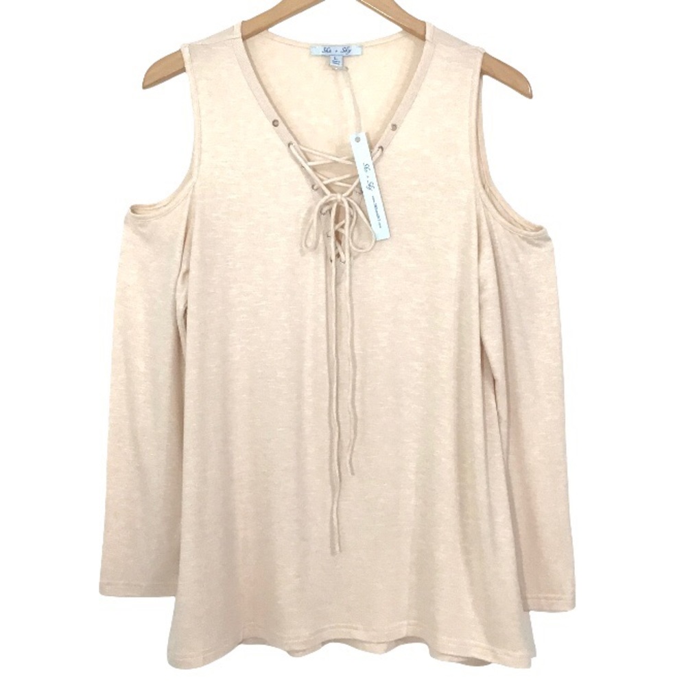 She + Sky Cold Shoulder Lace-Up Top Size L Creamy V-Neck Long Sleeves NWT